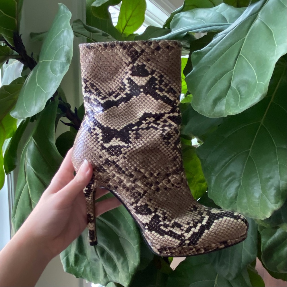 Stuart Weitzman 4” Grey Python Heeled Bootie - image 1